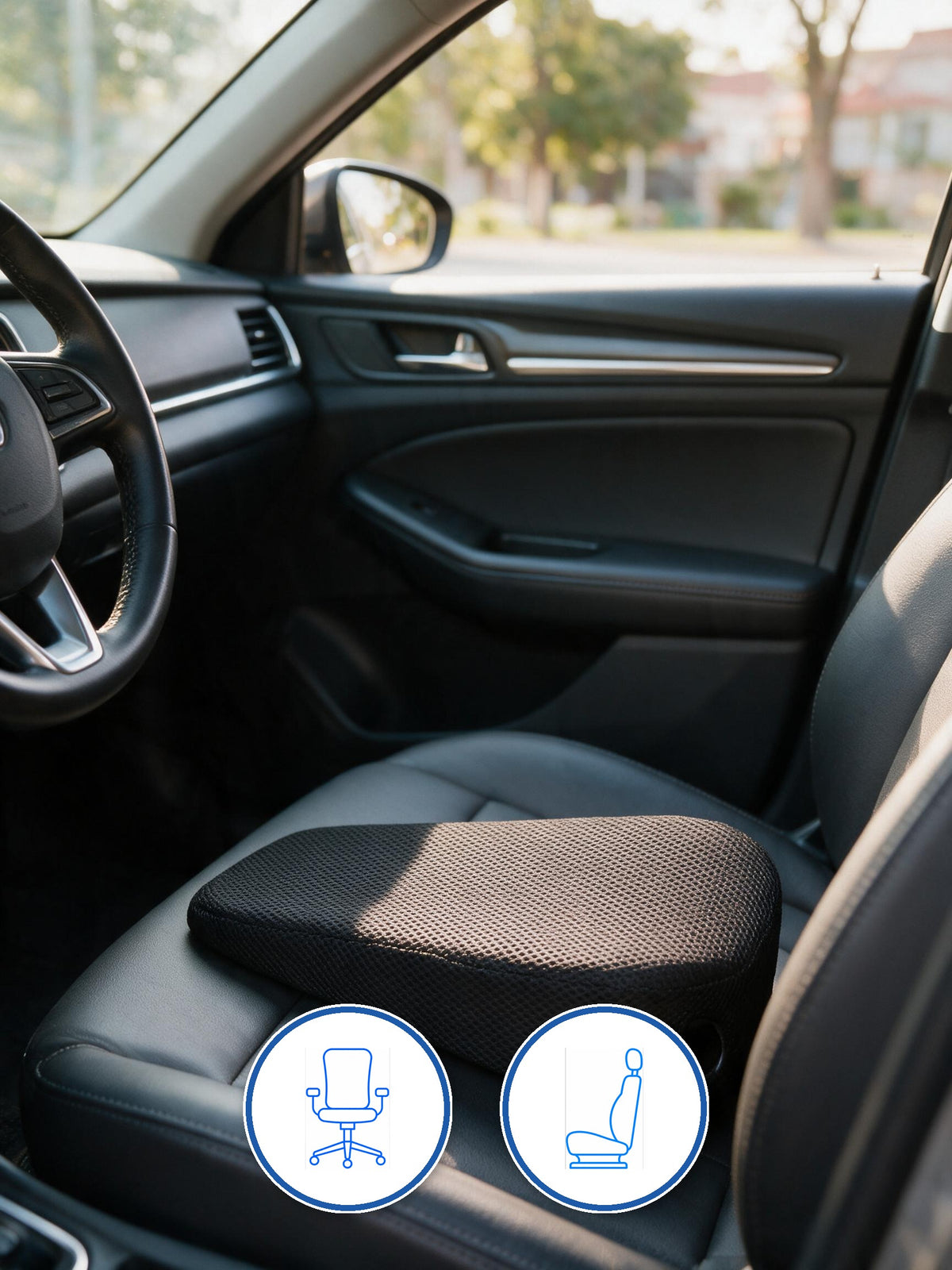 Cojín grueso en asiento de auto, con circulitos de uso: oficina y auto