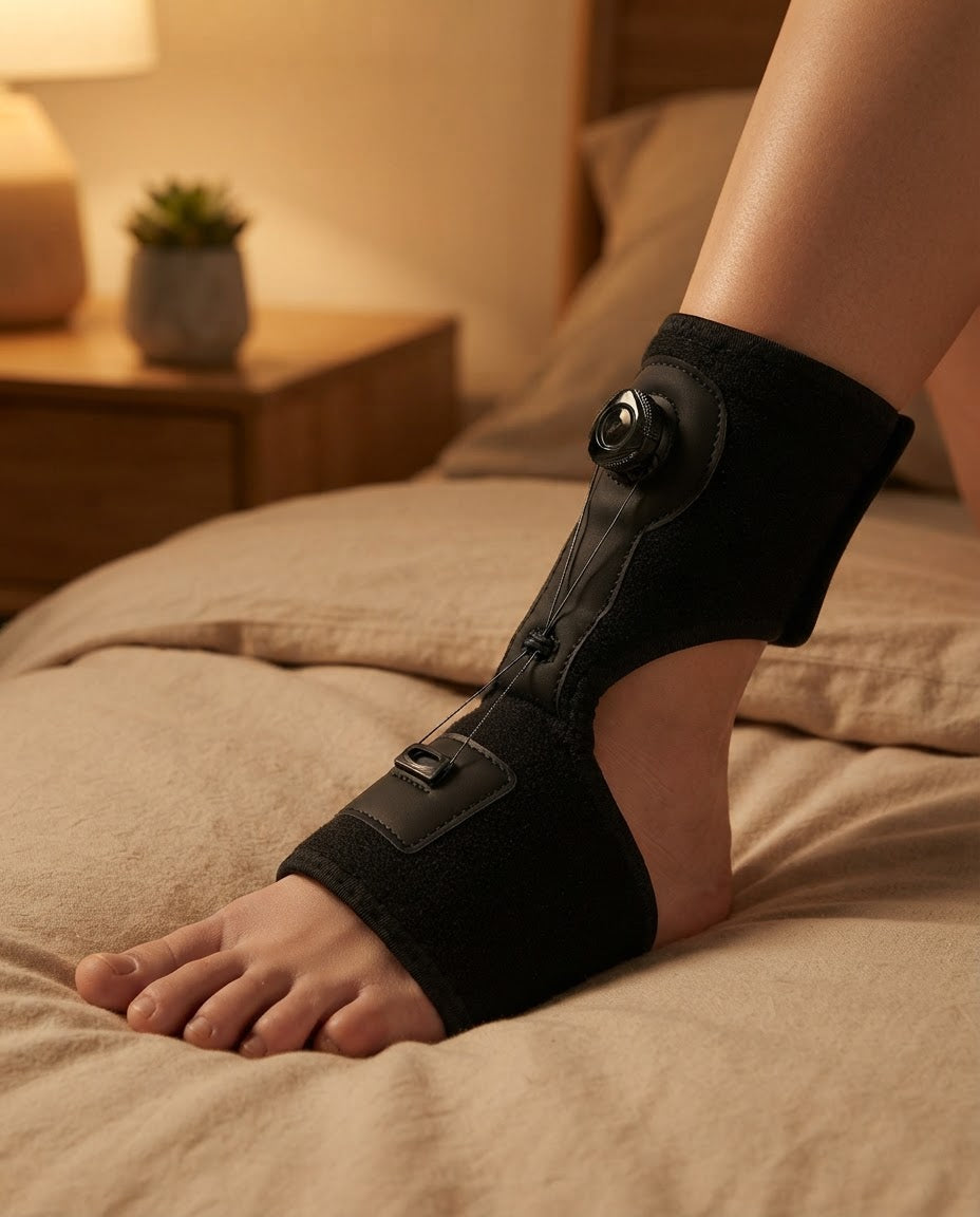 Férula nocturna de compresión con perilla ajustable, en la cama antes de dormir